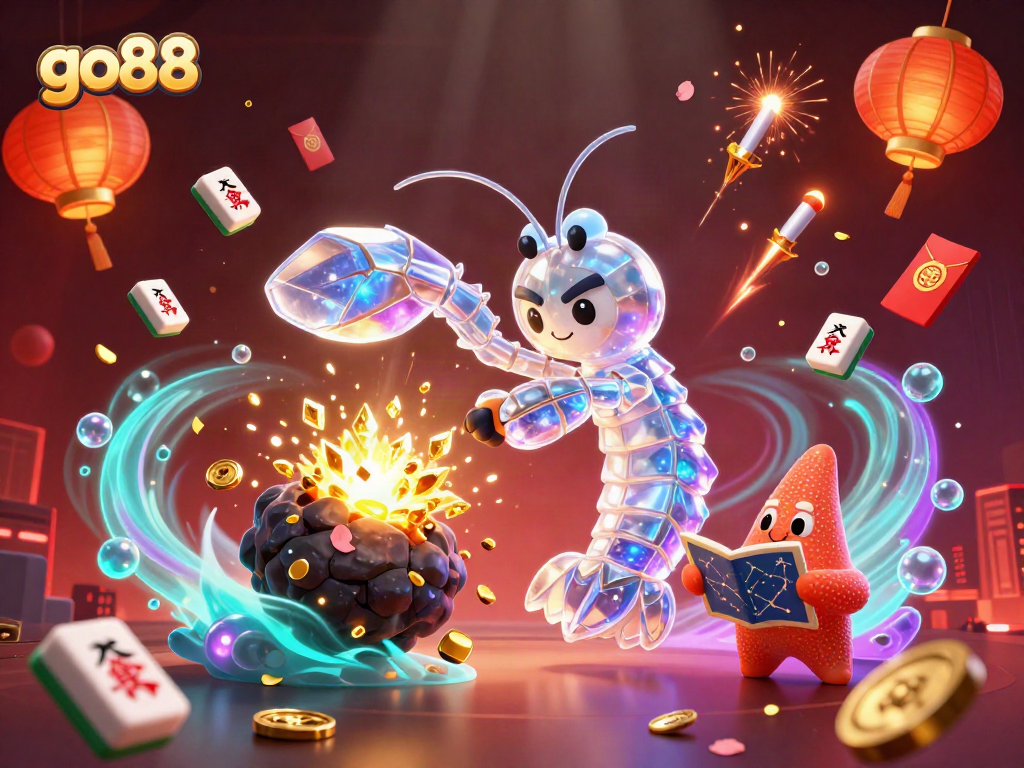 Experience go88's thrilling gaming world as the mantis shrimp battles through gems and coins.