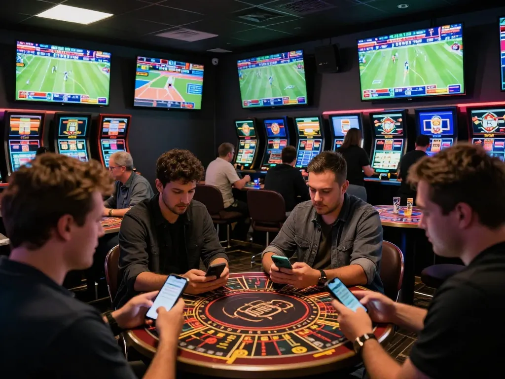 Keo nha cai sports betting atmosphere with patrons engaging in live betting and discussions