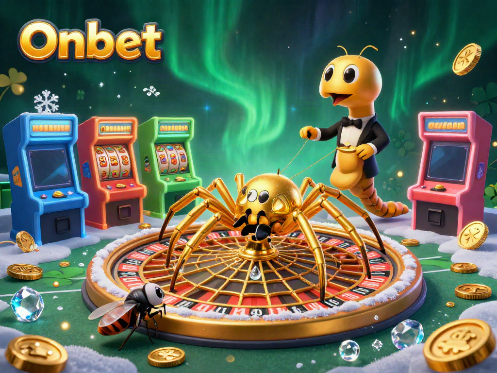 Onbet's vibrant casino adventure, featuring a golden roulette wheel web and animated characters.