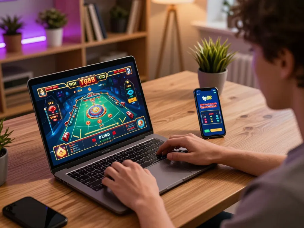 Engaging moment in online gaming with tg88 app on smartphone, focusing on strategy and excitement