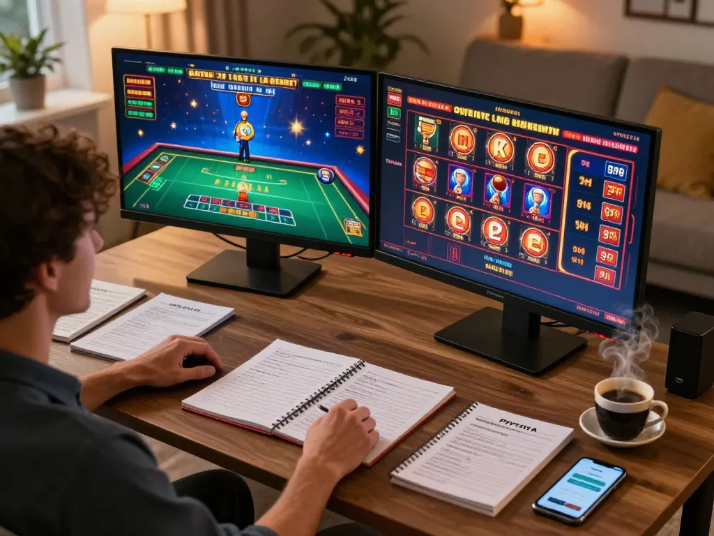 PHTAYA player engaged in online gaming session, showcasing dual monitors with live dealer games and slots, creating a strategic atmosphere.