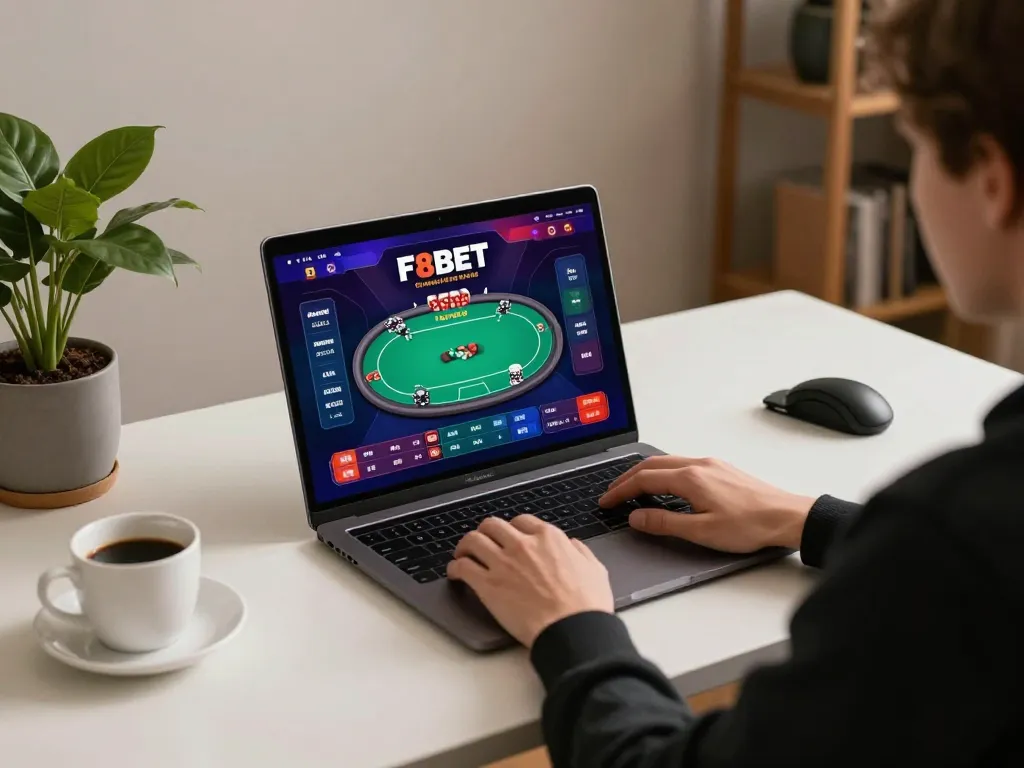 Engaging in F8BET online gaming session with vibrant poker interface and stylish workspace.