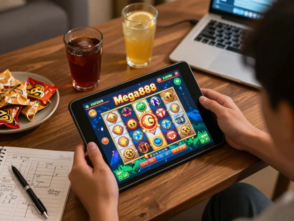 Mega888 player enjoying dynamic online slot gaming on tablet with colorful interface and snacks.