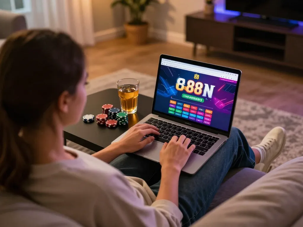 Engaging with open 88 on a laptop from the comfort of home, showcasing online gambling excitement.