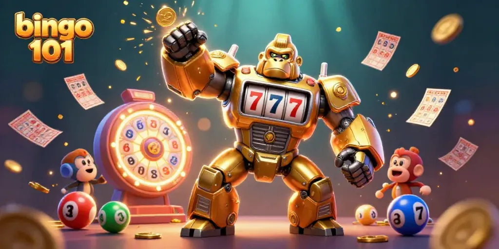 Bingo 101 themed illustration showcasing a golden gorilla mech and bingo elements with vibrant action.