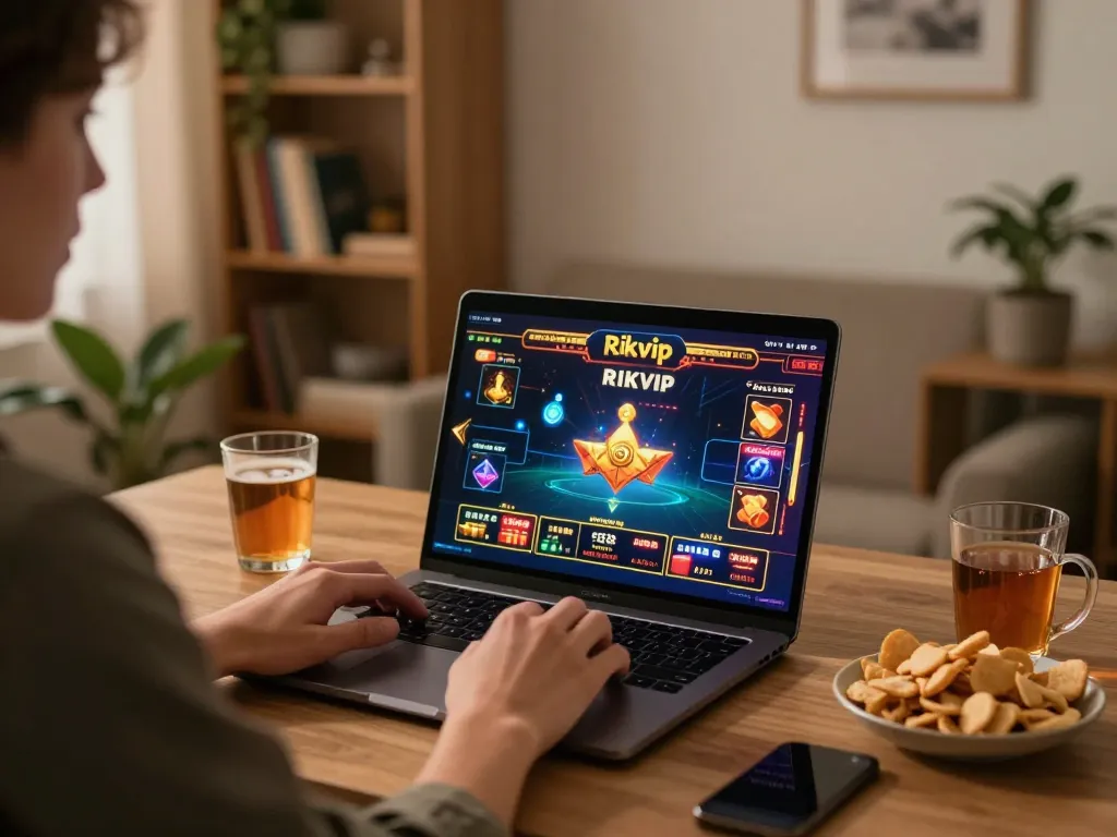 Engaging in exciting online gameplay on Rikvip's casino platform at home.