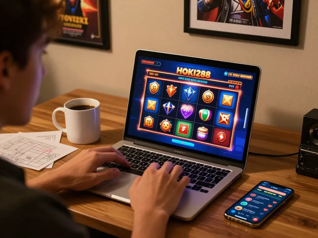 Pengaturan permainan online yang menarik untuk HOKI288 dengan grafik slot yang cerah di layar dan suasana yang nyaman