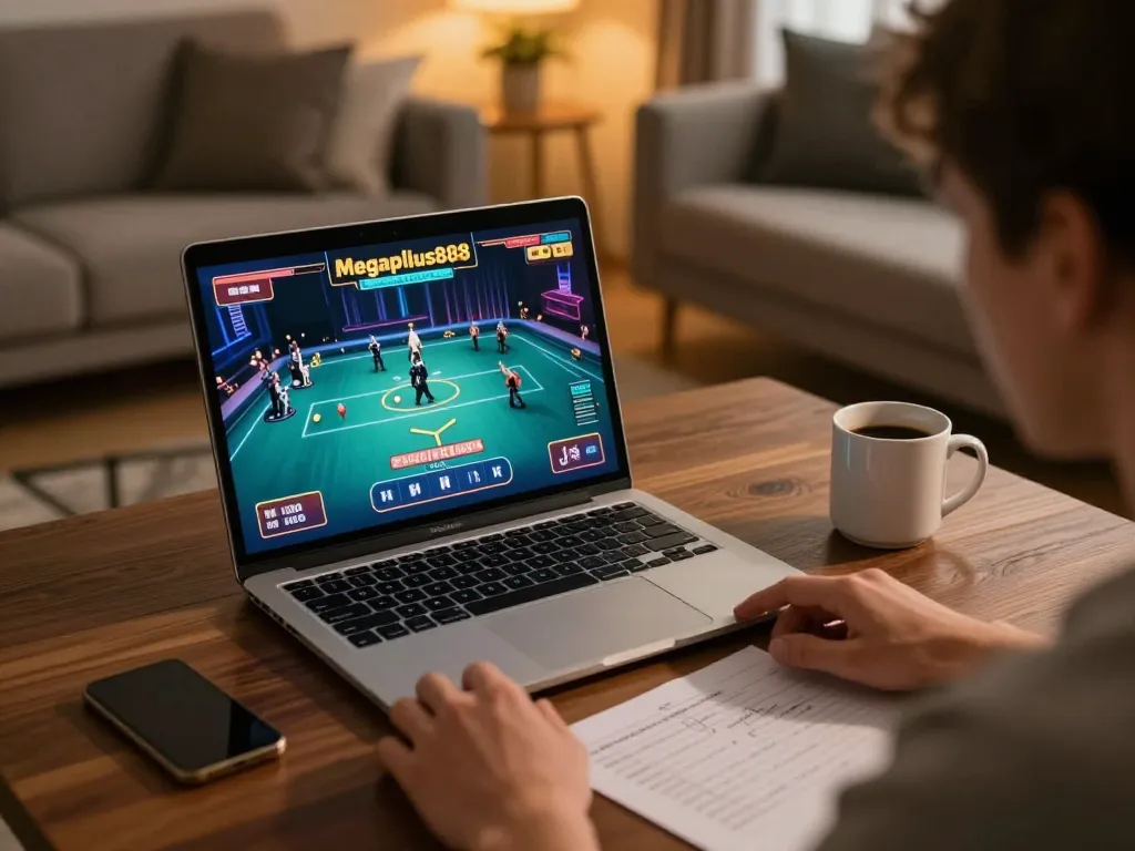 Engaging online gaming on megaplus88 with a live dealer, showcasing an inviting home setup