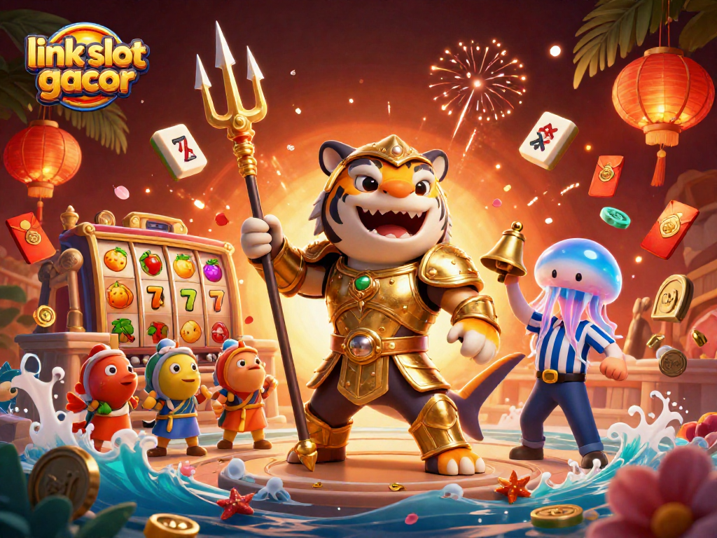 Experience the excitement of link slot gacor with a vibrant underwater casino scene featuring a mighty shark.