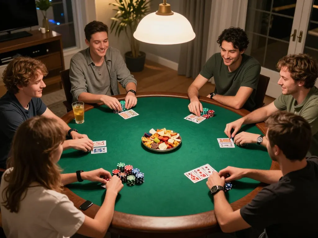 King33 players enjoying a friendly poker night with colorful chips and cards on the table.