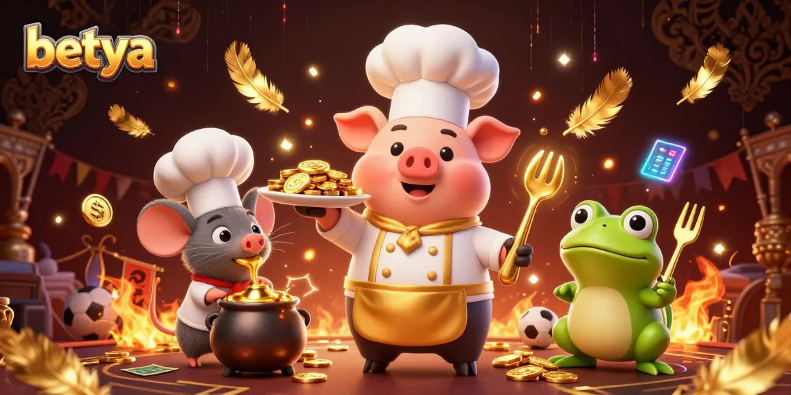 Engage with betya while the chef pig serves gold coins in a vibrant gambling scene with dynamic sports elements.