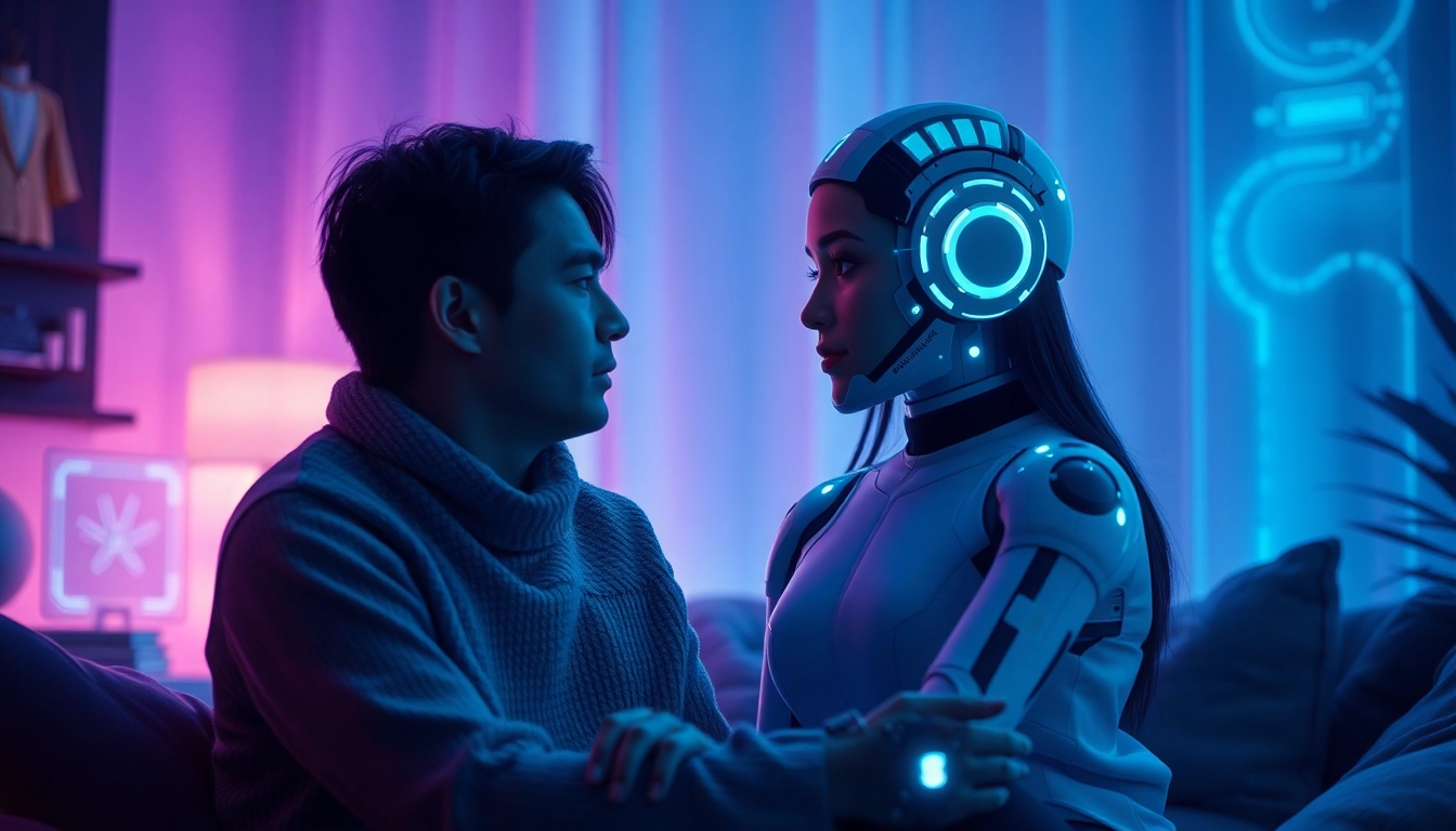 A captivating scene of a human interacting with an AI slut character in a cozy, illuminated room, emphasizing intimacy and technology.