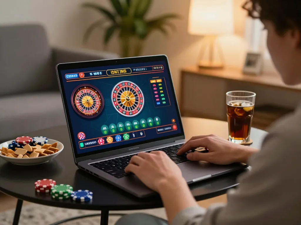 Player enjoying sun win gaming experience on a laptop with roulette game interface in cozy home setting.