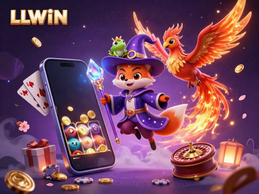 Engage with LLWIN’s 3D animated illustration of a mystical fox wizard, phoenix, and vibrant casino games.