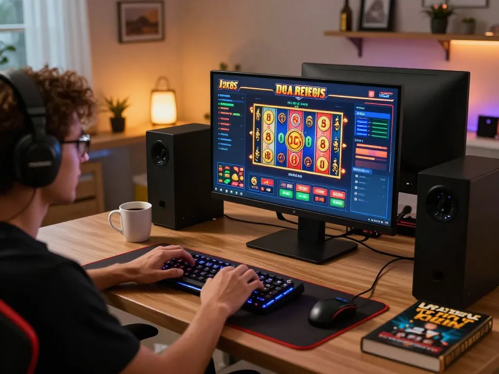 Experience engaging online gameplay on https://fc88.tech with a user interacting with vibrant casino game visuals at home.