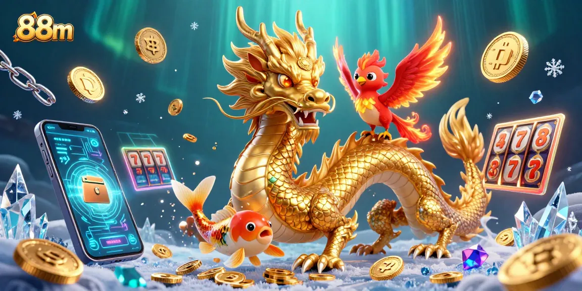 Experience thrilling slots with 88m showcasing a golden dragon, koi fish, and vibrant coins flying.