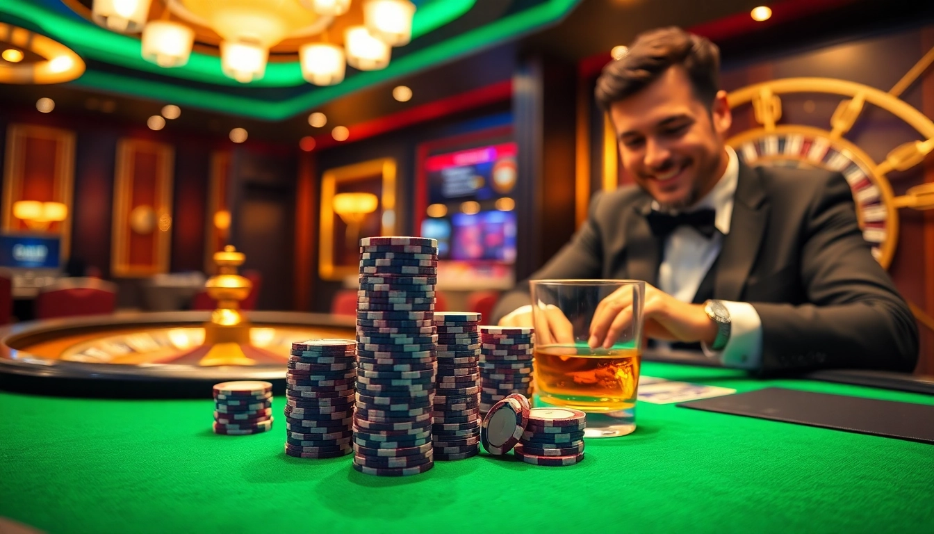 Engaging poker table scene showcasing k88win's thrilling gambling atmosphere with chips and cards.