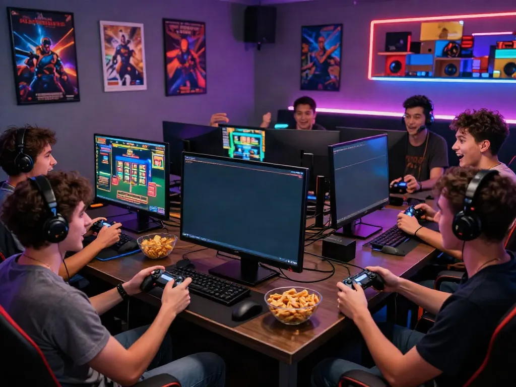 Friends enjoying an exciting akunjp online gaming session in a vibrant gaming room.