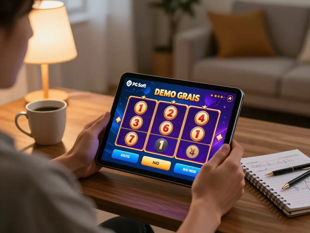 Berinteraksi dengan slot PG Soft Demo Gratis di tablet, menunjukkan permainan strategis dalam lingkungan rumah yang nyaman