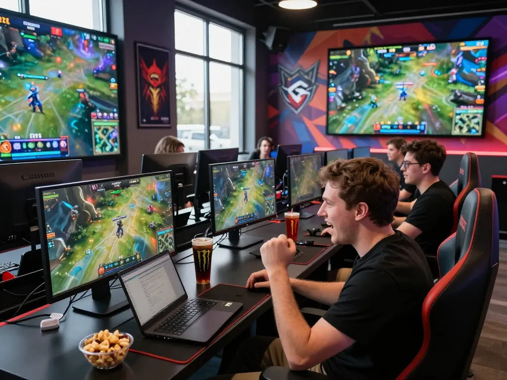 Engaged Dota 2 bettors at GGLBet's esports lounge, analyzing live match stats for optimal betting strategies.