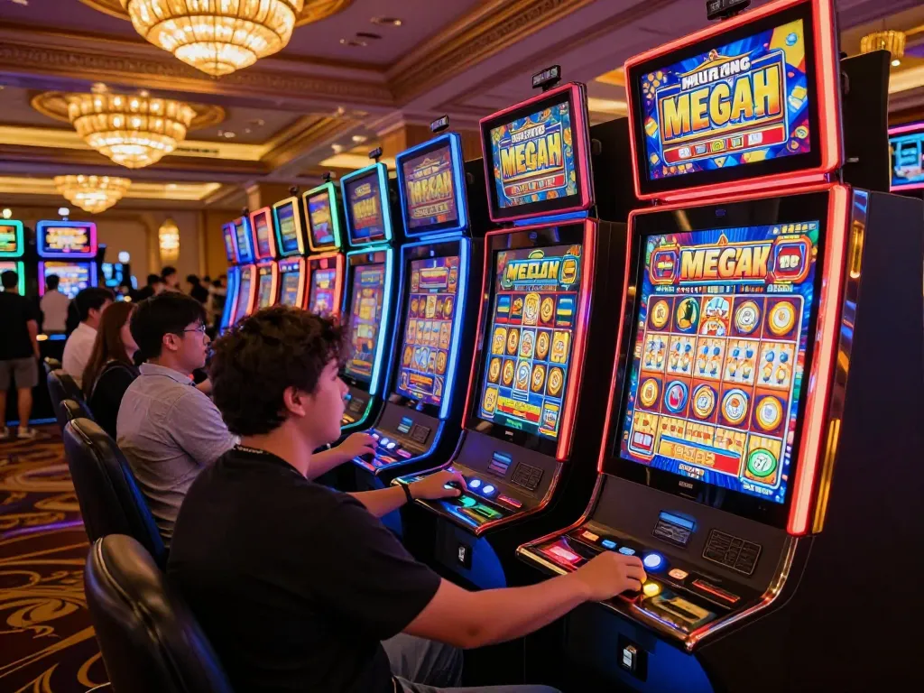 Engaging with the mega888 apk slot machine in a lively casino.