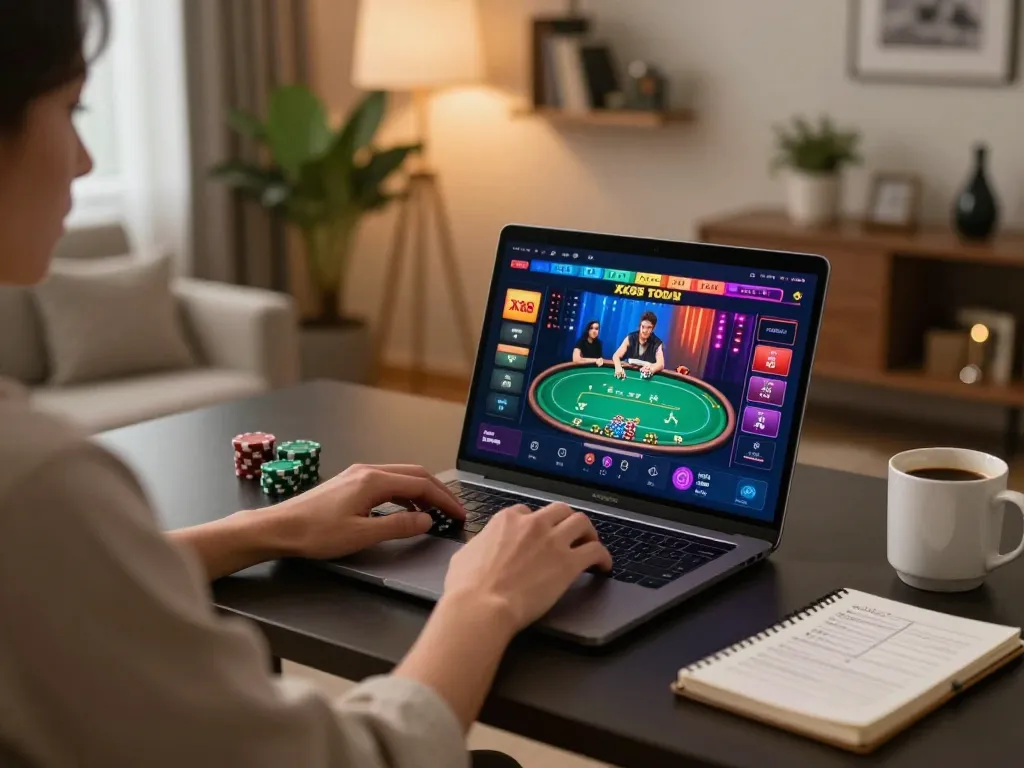 Engaging in strategic online poker gameplay at XX88 TODAY, showcasing a vibrant interface and cozy home setting