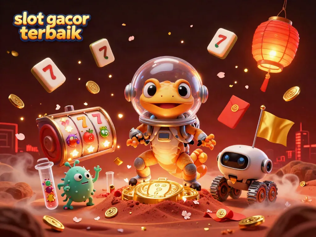 Ilustrasi 3D slot gacor terbaik dengan karakter gecko Mars menemukan kasino emas yang tersembunyi.
