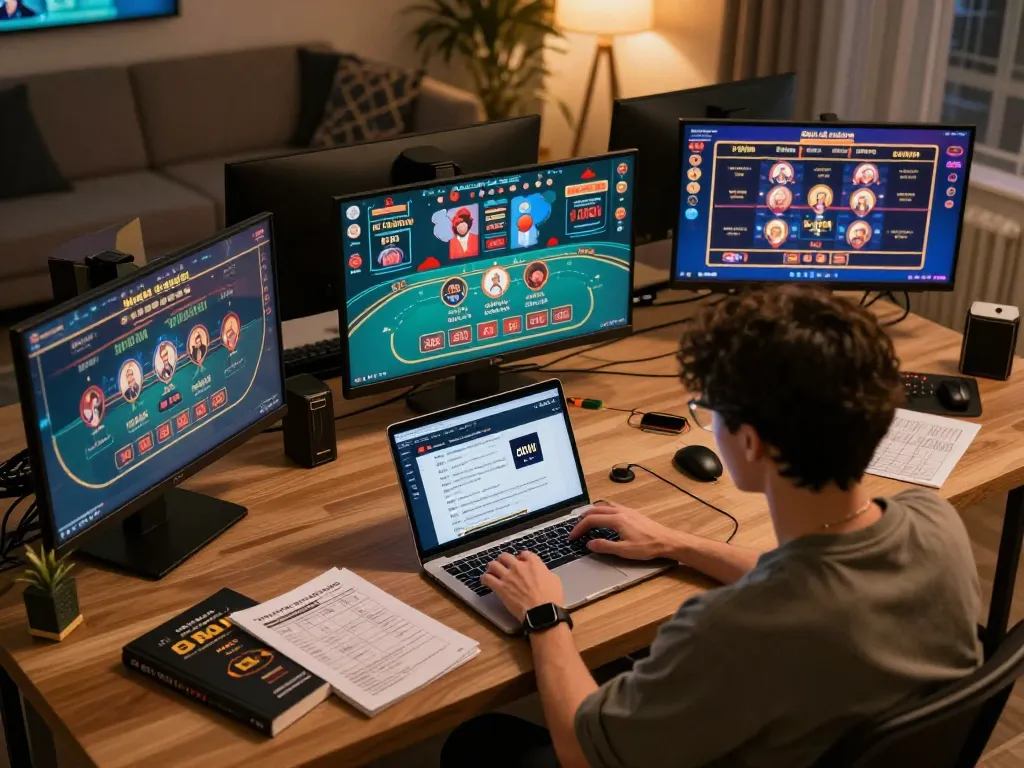 Tập đoàn okwin online gaming setup with player engaged, showcasing a dynamic home casino experience.