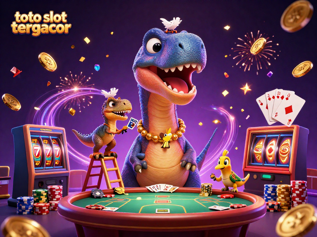 Play thrilling toto slot tergacor with a colossal brontosaurus and clever raptor at an exciting casino scene.