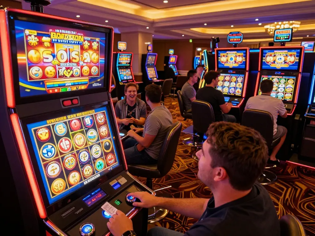 Experience thrilling slot pulsa gaming excitement with colorful machines and eager players.