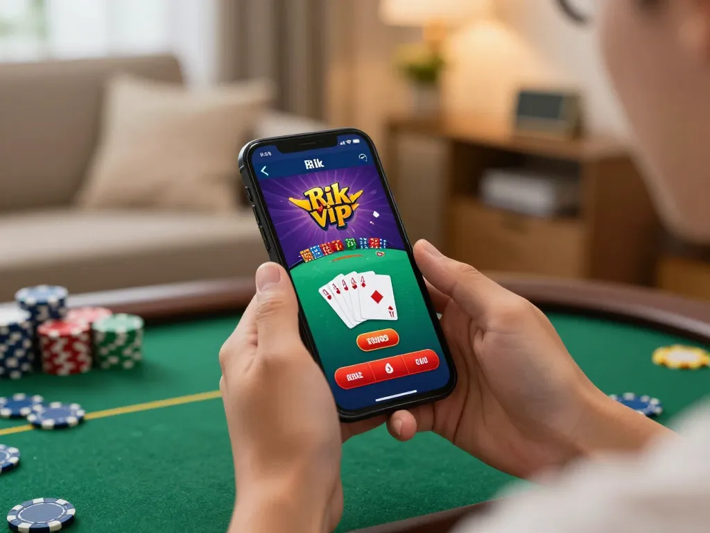Engaging user playing poker on rik vip app, showcasing casino experience on smartphone