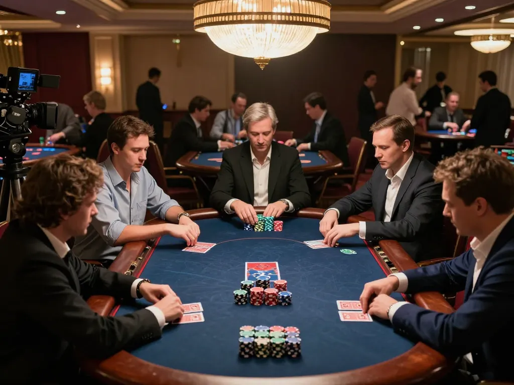 Players strategizing in an intense poker game at 88vv casino, capturing the thrill of competition.