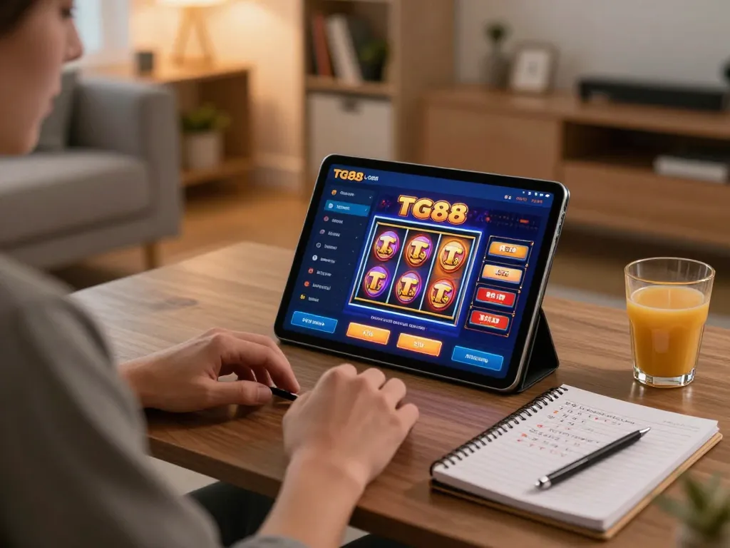 Player engaging in the TG88 mobile app for casino gaming in a cozy living room.
