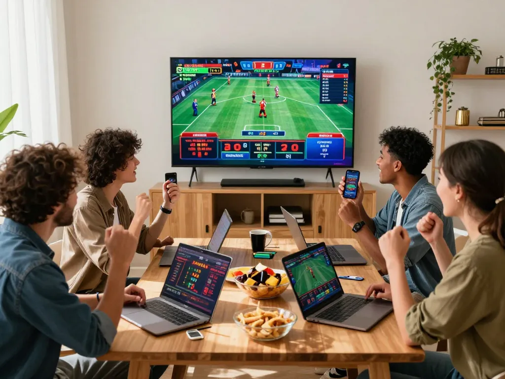 Friends enjoying online gambling at https://gavn99.org/ in a vibrant living room.