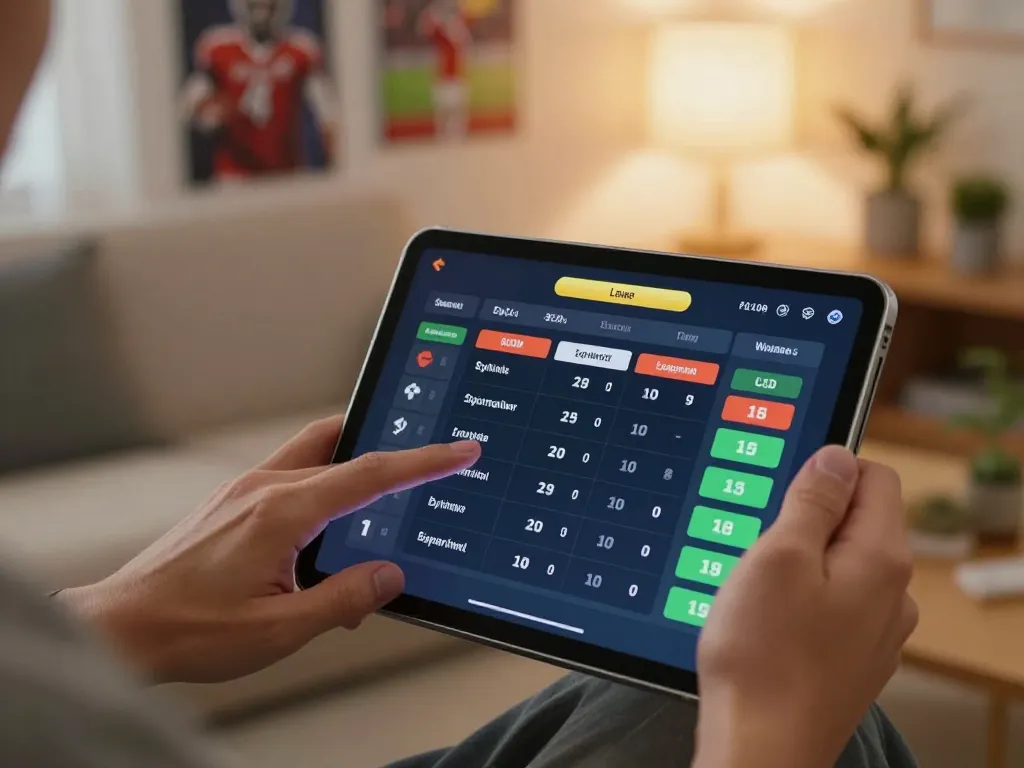 Engaged user betting on sports at home with okking1 casino app visible on tablet.