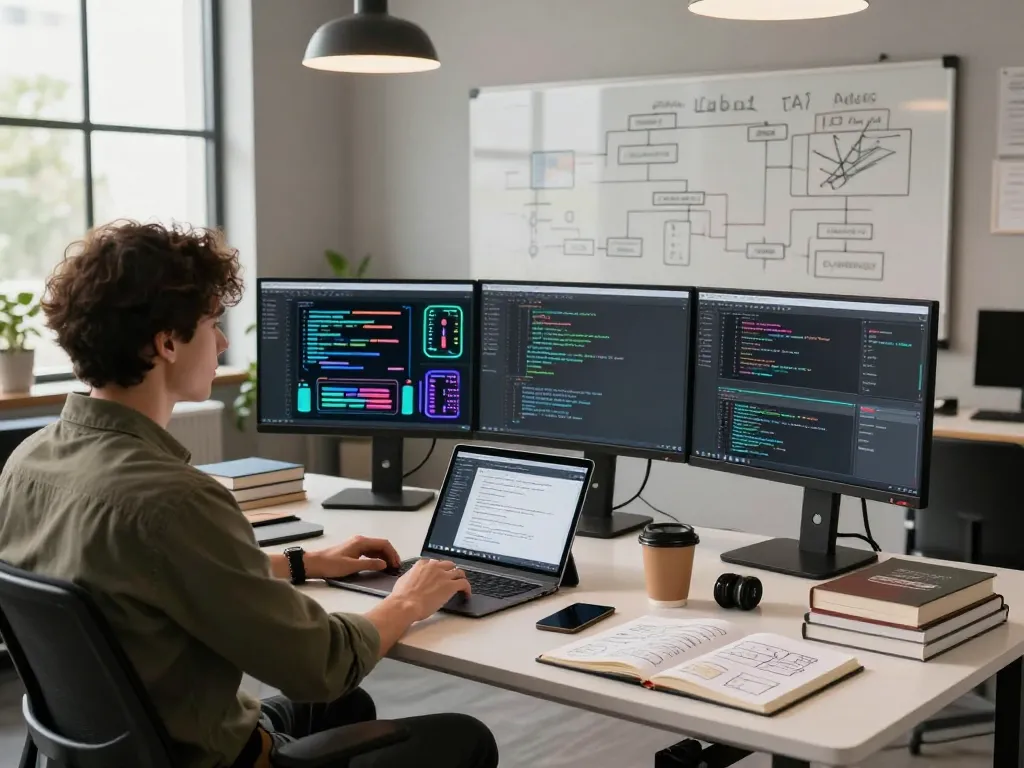 Engaging AI development workspace with software engineer, juicy ai concepts on multiple screens, creative atmosphere.
