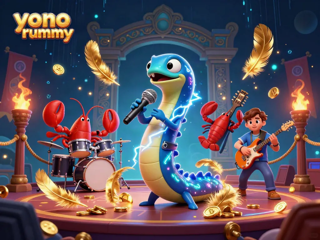 Gambar penuh warna yono rummy dengan karakter DJ, drummer lobster, dan gitaris kuda laut di panggung kasino bawah laut.