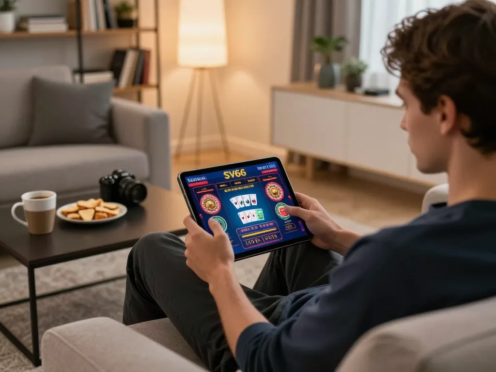 SV66 player enjoying live online casino gameplay on tablet in a cozy living room setting