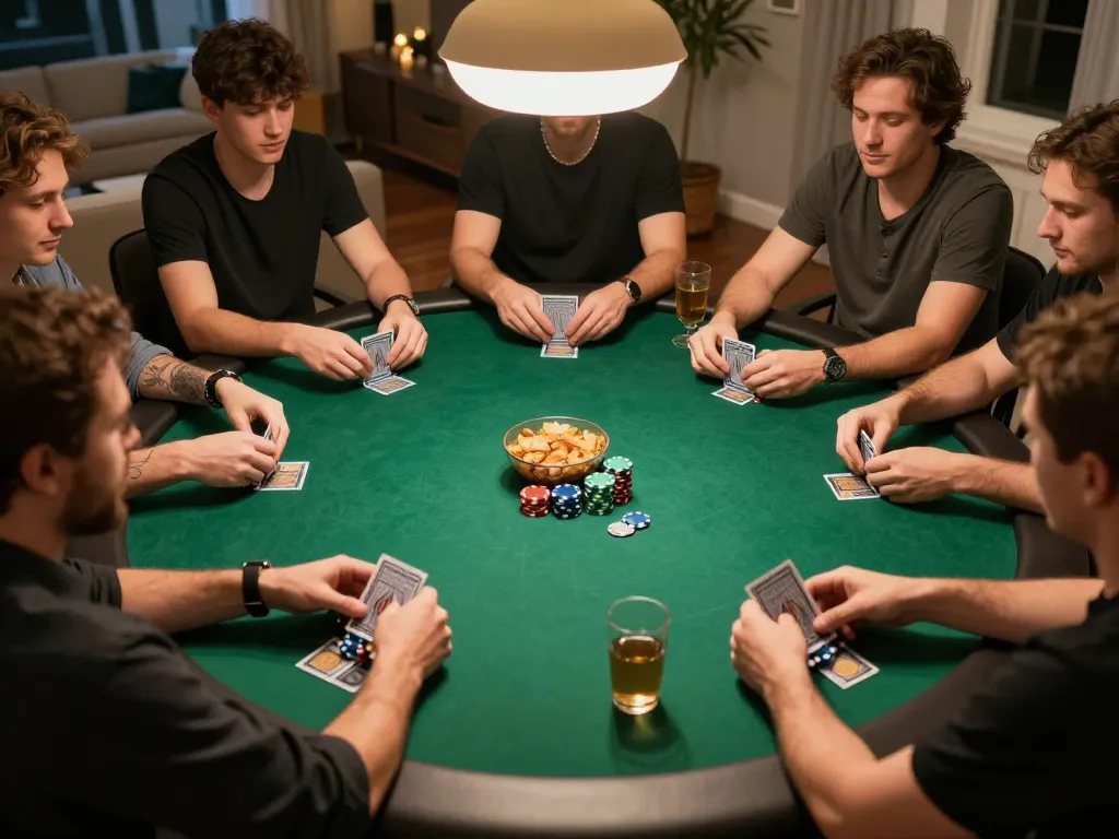 Players engaging in a strategic poker game at home, highlighting nhà cái kuwin experiences in a friendly setting