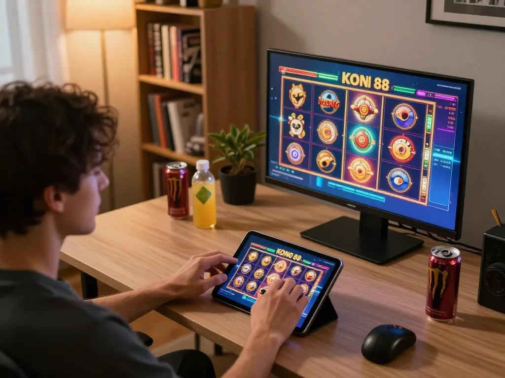 KONG 88 slot gameplay on tablet showcasing vibrant graphics in a cozy home office.