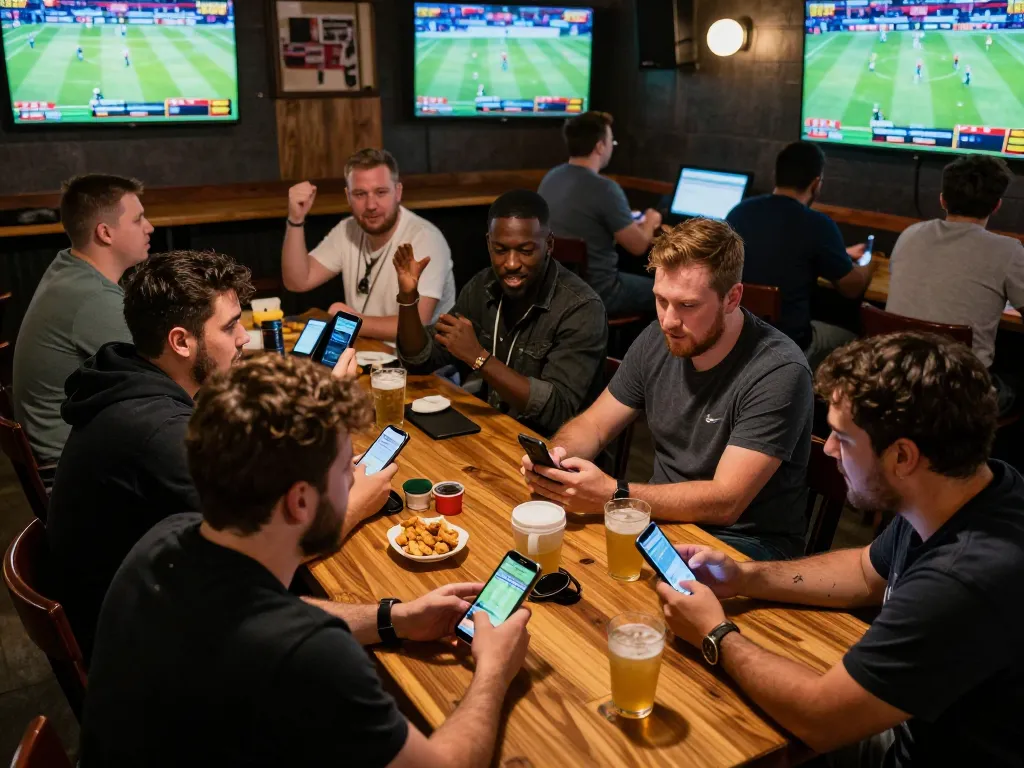 Bsport app used for sports betting at a lively venue, with patrons actively engaged in placing bets while watching games.