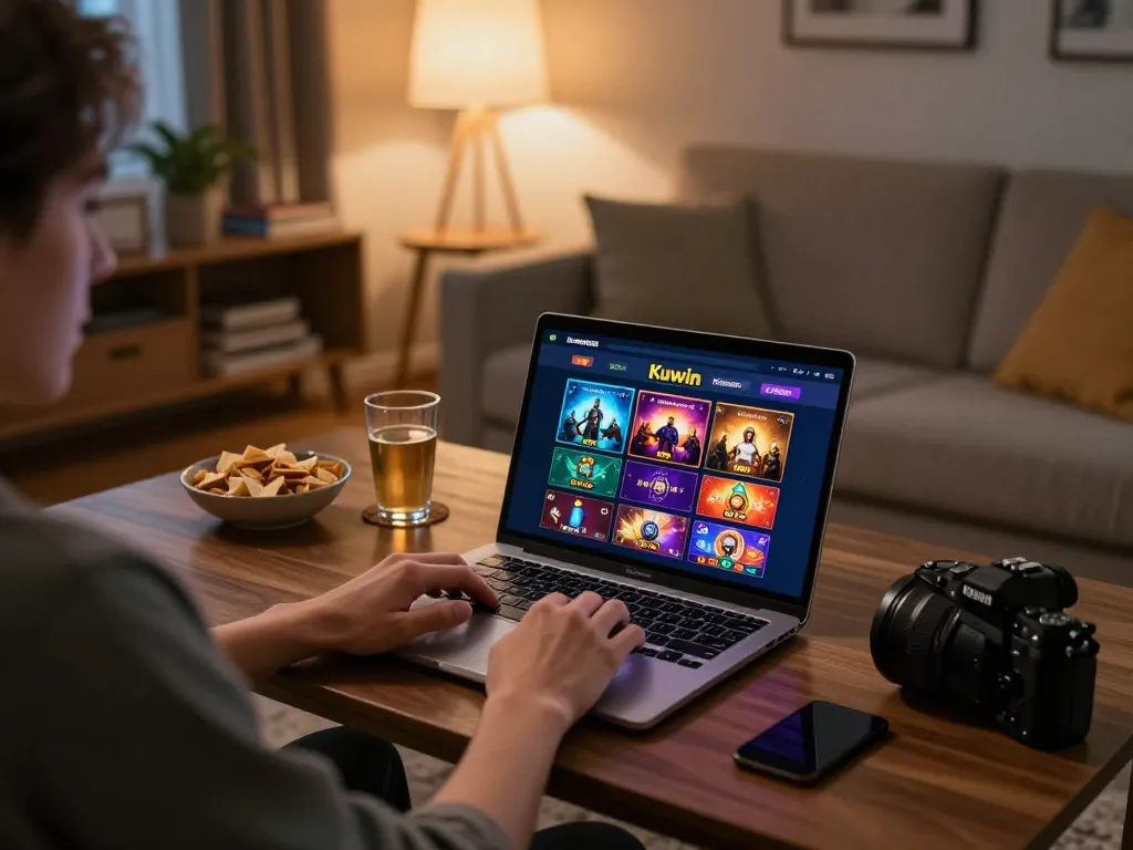 Kuwin online casino gaming in a cozy home setting with a laptop interface