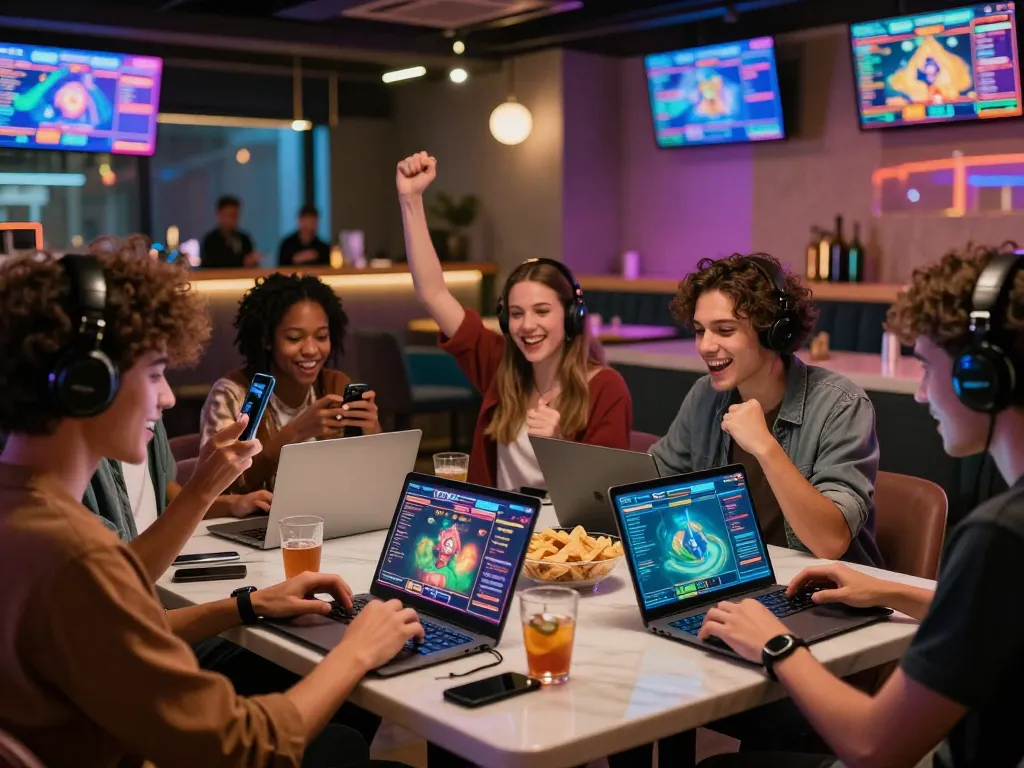 Friends enjoying thrilling games on tot88 in a vibrant lounge setting.