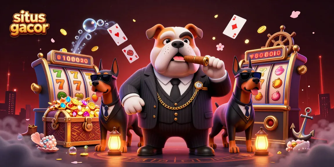 Situs gacor features a lively casino scene with a mafia bulldog and Doberman bodyguards amid dynamic gambling elements.