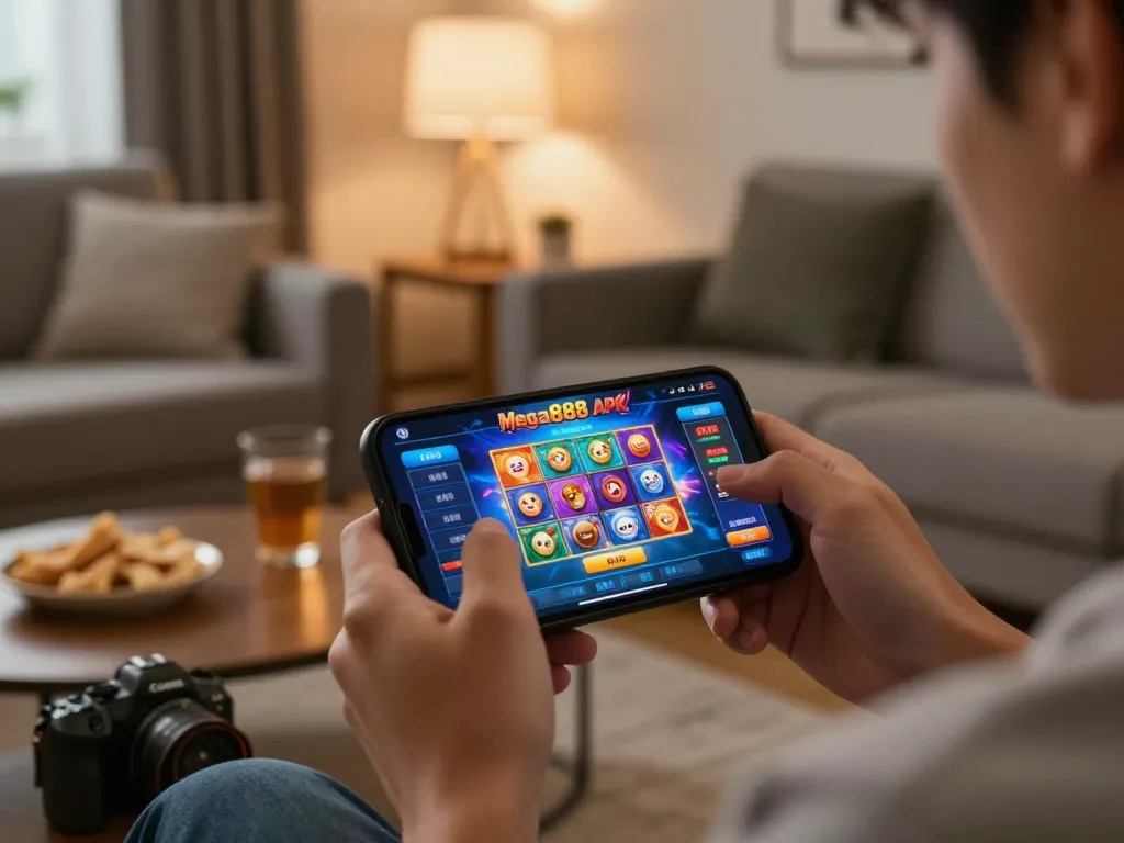 Mega888 APK 2026 in action on a smartphone, showcasing an engaging mobile gaming experience within a cozy home setting.
