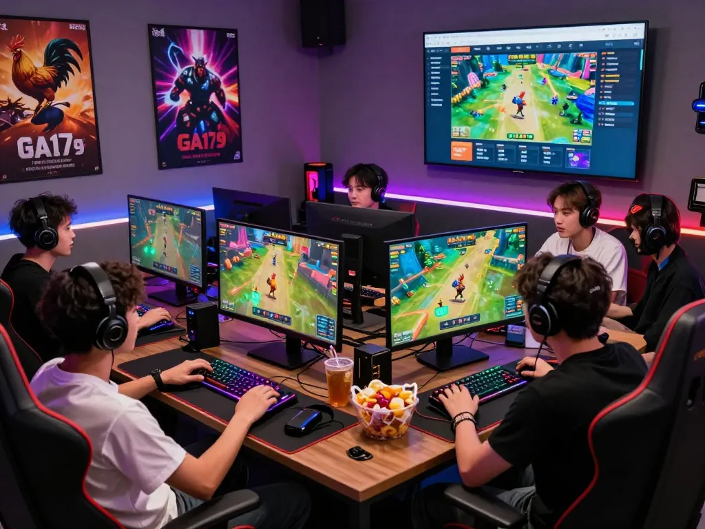 Engaged players enjoying rooster fighting games on GA179 platform in a vibrant gaming room.