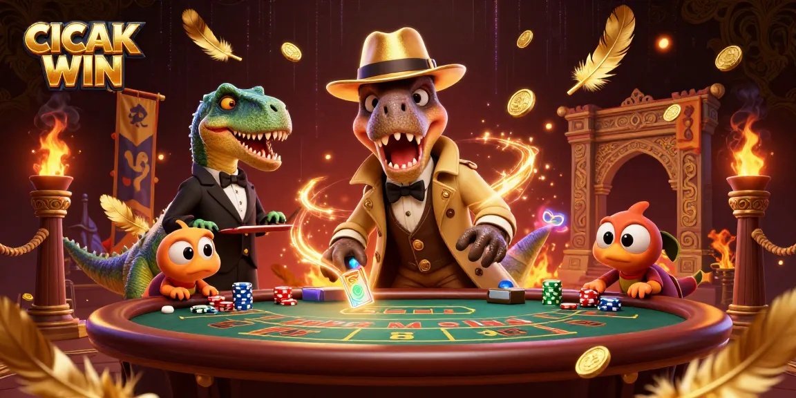CICAK WIN enhances gaming with a 3D velociraptor card counter at a blackjack table surrounded by vibrant casino elements.