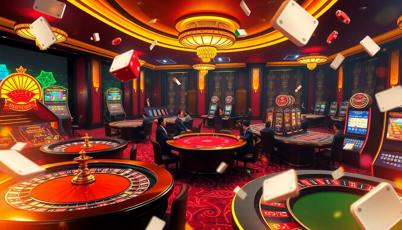 Experience the thrill of betting at NA777 in a luxurious casino setting with professional dealers and vibrant slot machines.