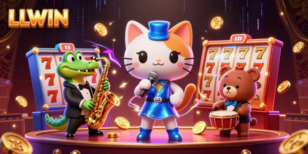 LLWIN showcases a vibrant casino scene with animated characters and dynamic gaming elements.