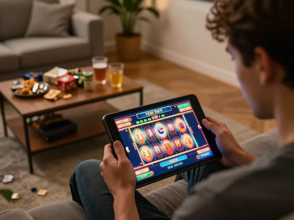 Play online slots at F168 on a tablet in a cozy home setting with vibrant graphics